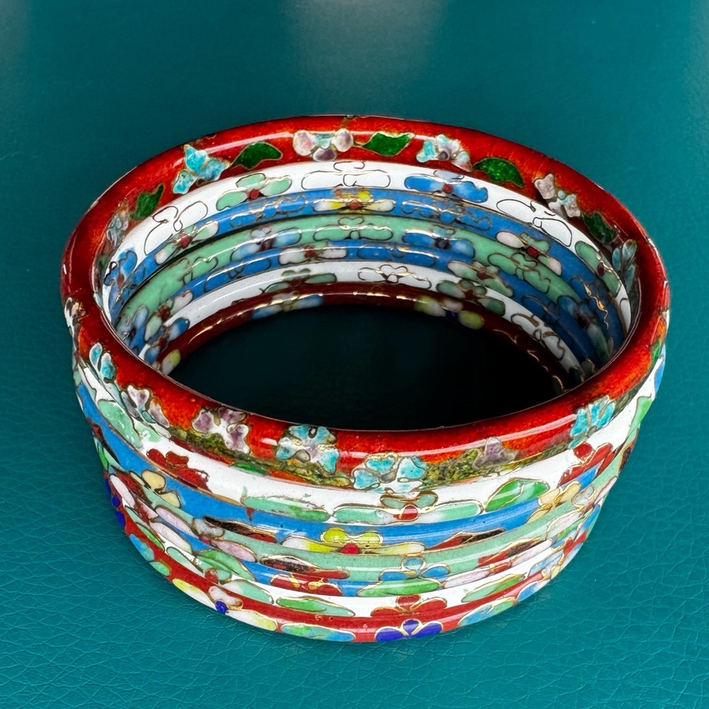 Vtg Set Of 7 Cloisonne Bangle Bracelets Asian Floral - Picture 10 of 10
